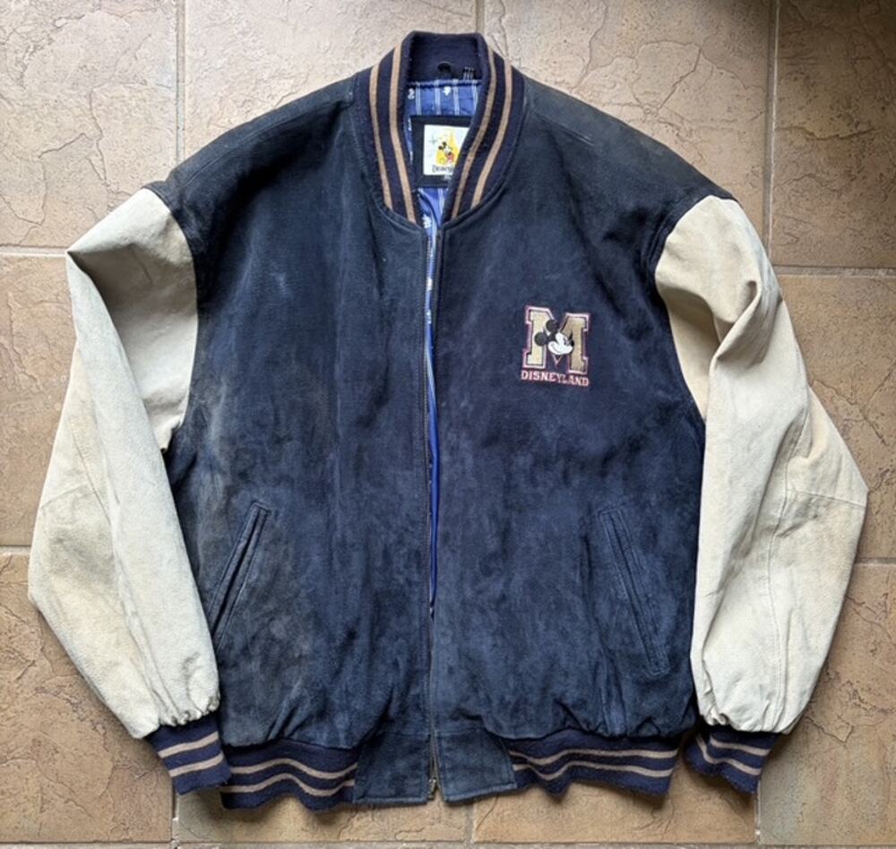 Vintage Disneyland Mickey Mouse 1928 Varsity Jacket XL Suede Leather Embroidered